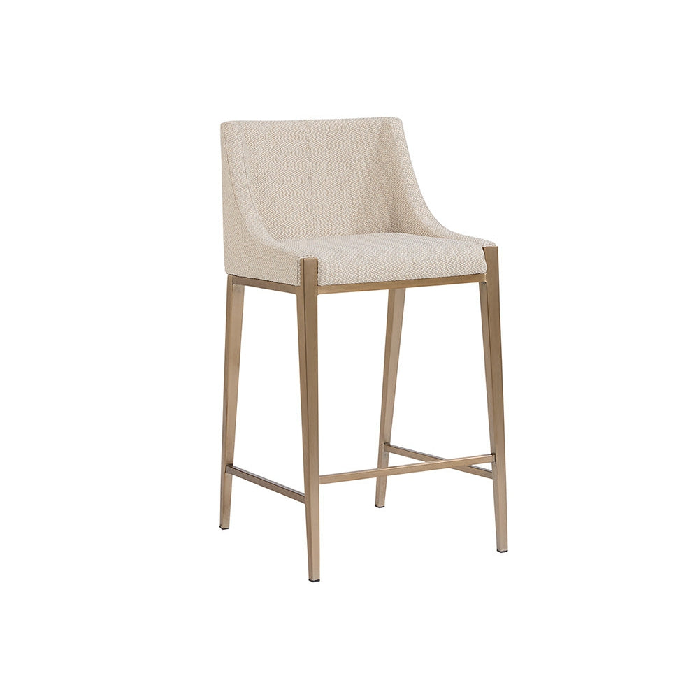 Additional view of Dionne Counter Stool in beige and antique brass, featuring textured weave finish and fixed low arms.