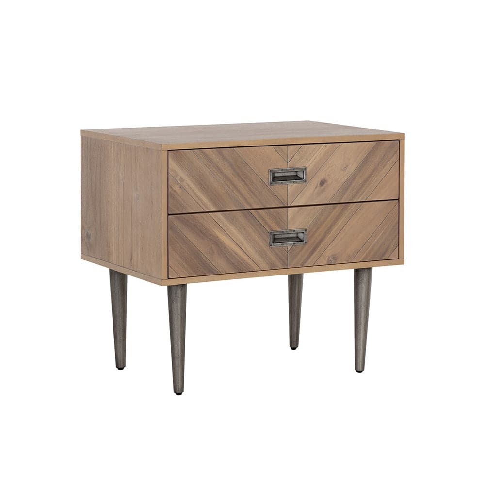 Greyson Nightstand, shown in light natural wood brown and medium warm wood brown with wood and metal.