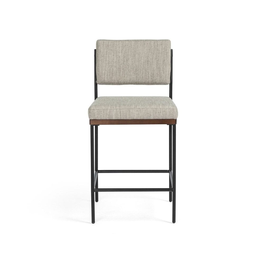 Tuscany Counter Stool, shown in light gray and black with upholstery fabric, metal, and counter-height proportions.