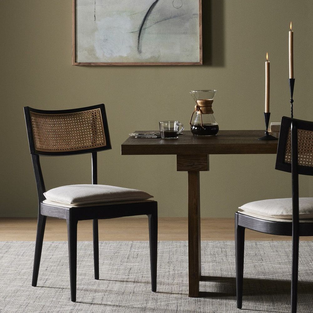 Alternate view of Talitha Dining Chair, featuring ebony stain, wood, cane webbing, and armless.