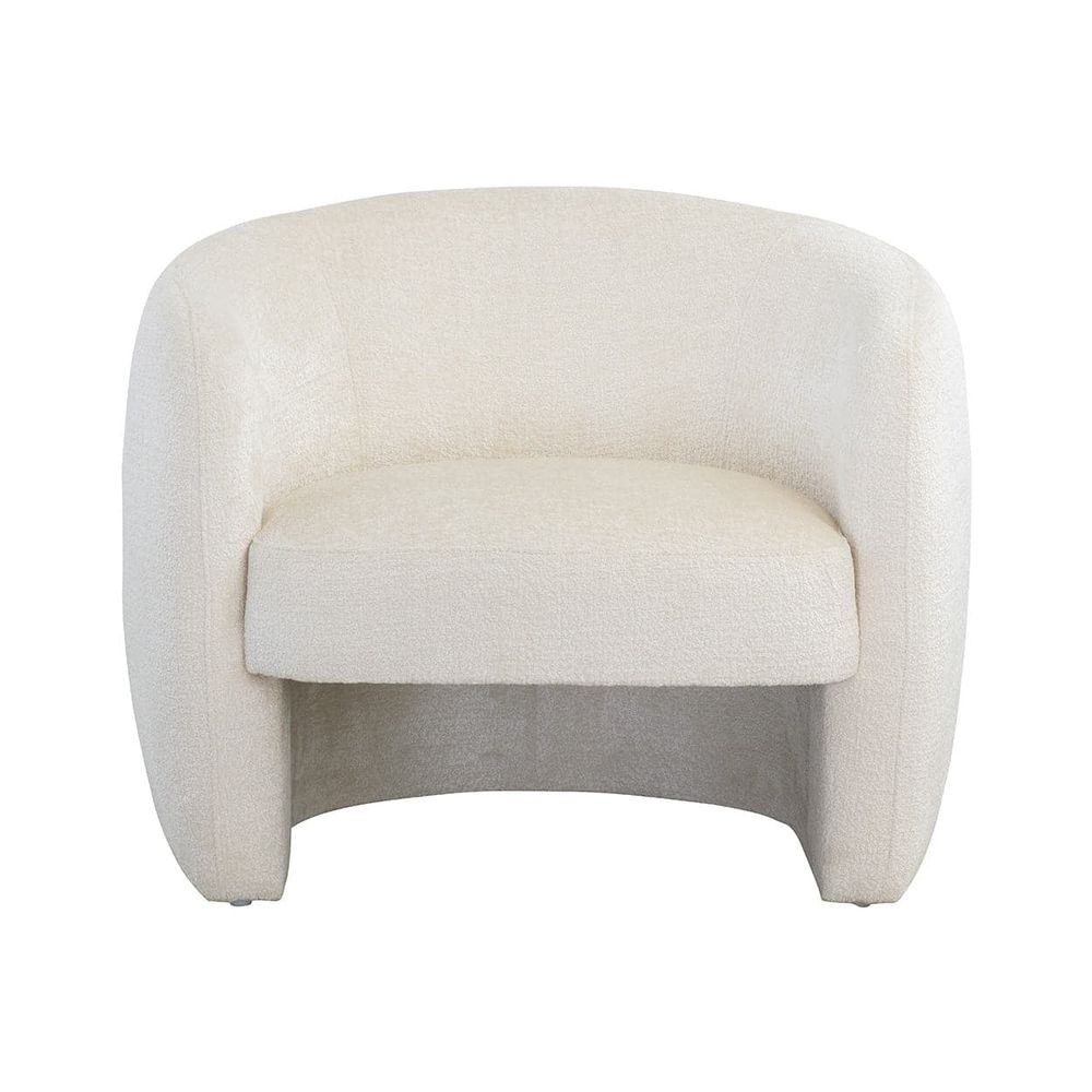 Mircea Lounge Chair, shown in ivory and off-white with bouclé fabric, upholstery foam, and fixed wraparound arms.