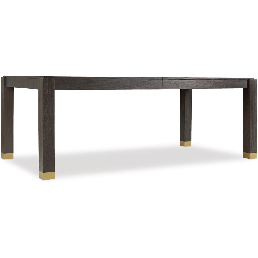 Curata Rectangle Dining Table with 2 x 20" leaves, shown in dark espresso brown and charcoal brown with wood and metal.