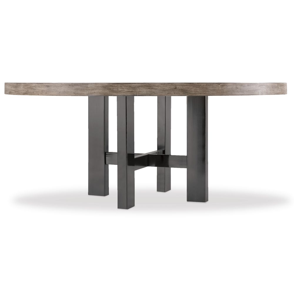 Heritage 72" Premium Round Dining Table, shown in weathered gray-brown and dark charcoal with wood and metal.