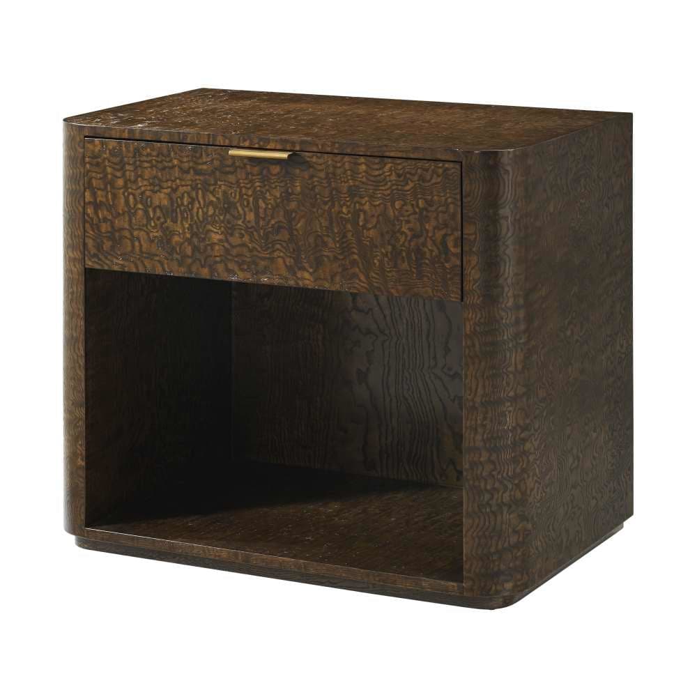 Additional view of Kesden Nightstand in amber brown and black, featuring single top drawer with centered bar pull.