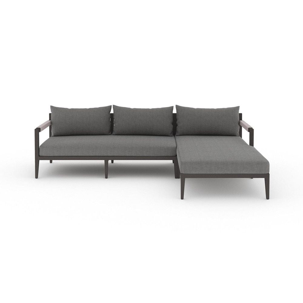 Sheffield Outdoor 2-Piece Sectional, Bronze, shown in charcoal gray and bronze/dark brown with fabric and metal.