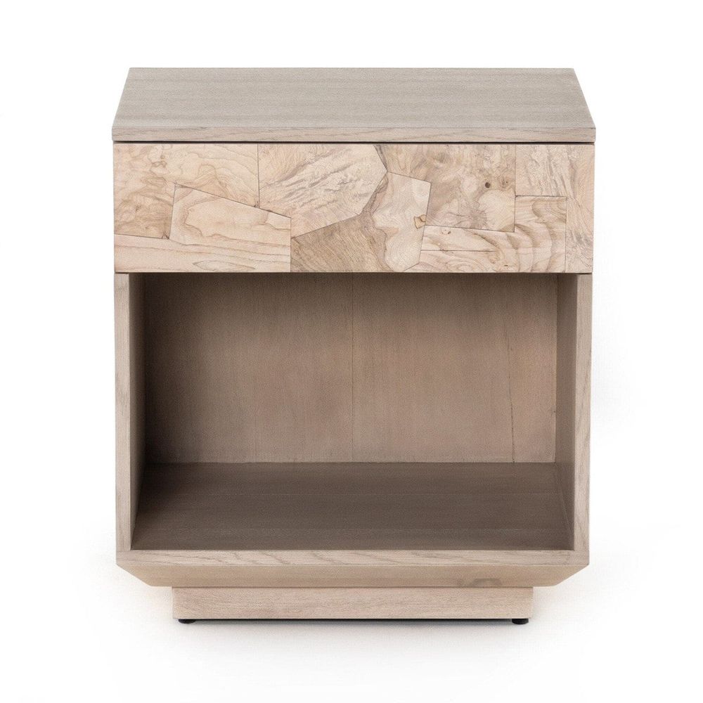 Odyssey Nightstand, shown in light taupe and warm beige with mahogany wood, burl wood veneer, and single top drawer.