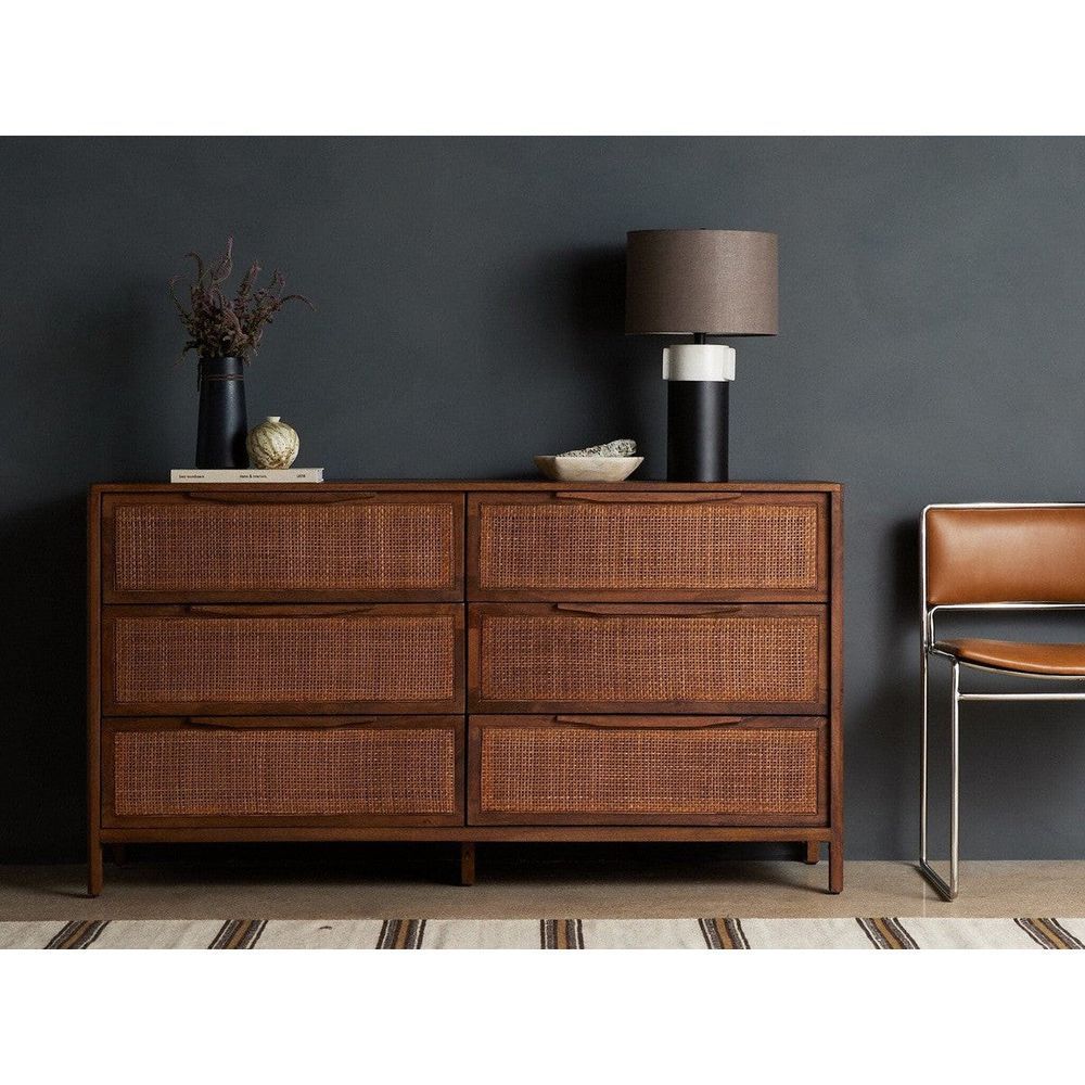 Additional view of Loraine 6 Drawer Dresser, featuring mango wood, cane rattan, and six drawers in two columns of three.