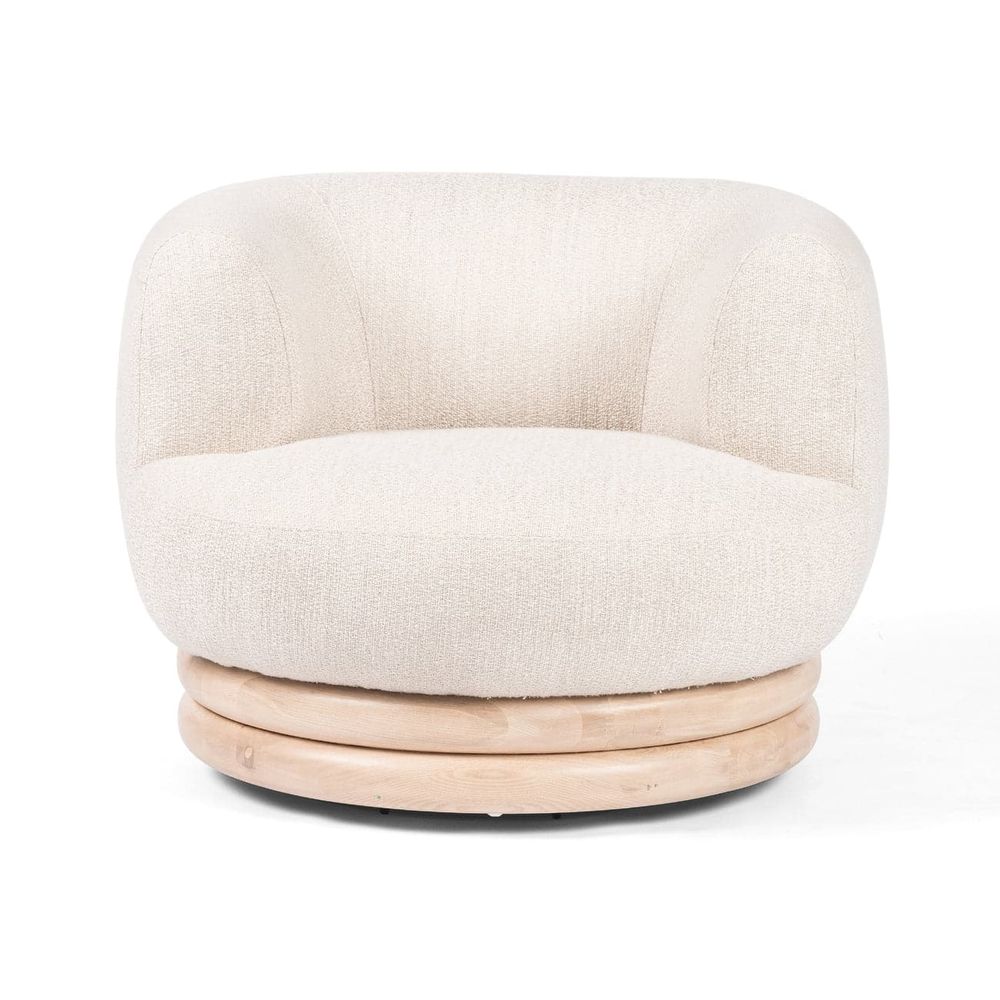 Copia de Harding Swivel Chair, shown in cream and ivory with performance fabric, wood, and a swivel base.
