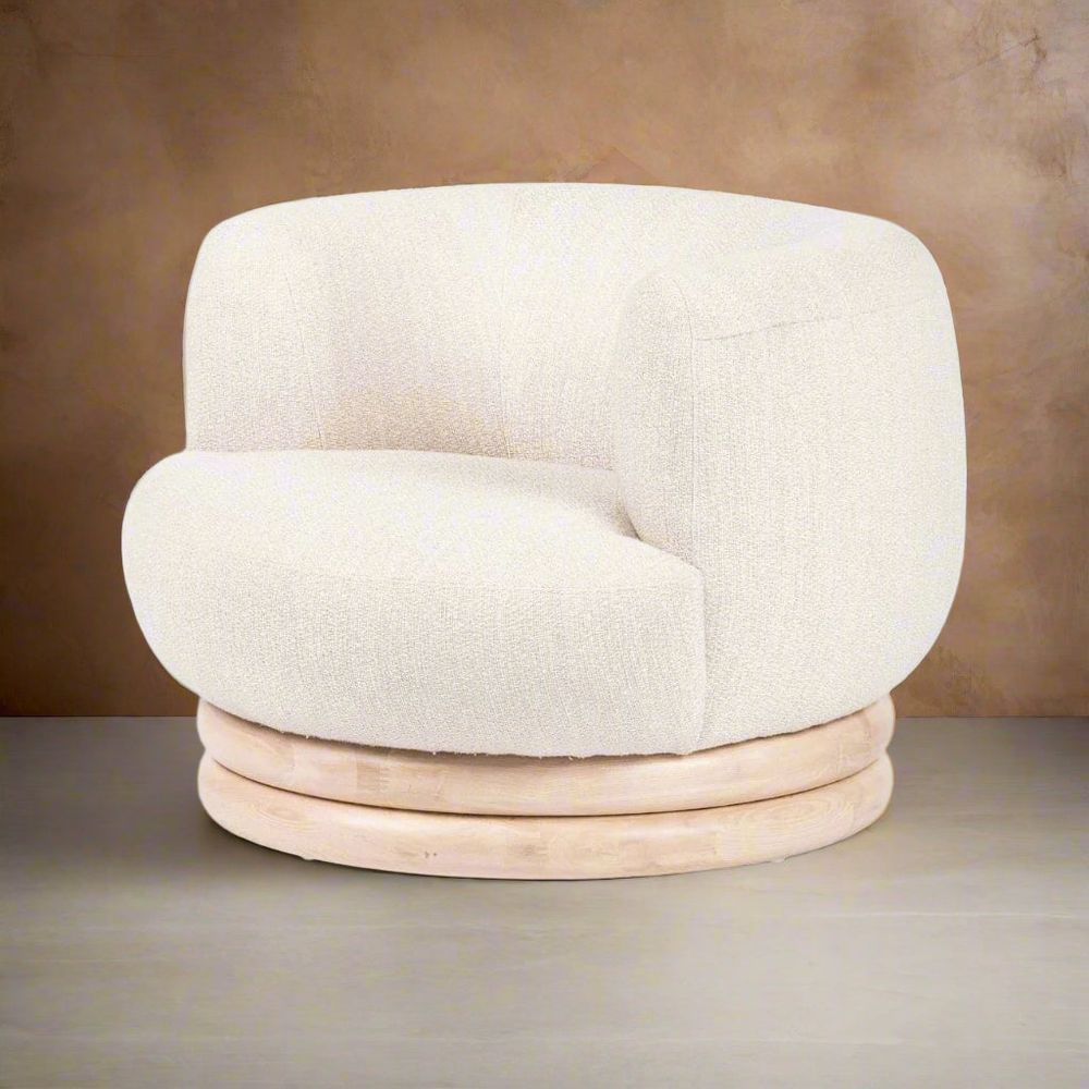 Additional view of Copia de Harding Swivel Chair in cream and ivory, featuring textured woven upholstery and a swivel base.