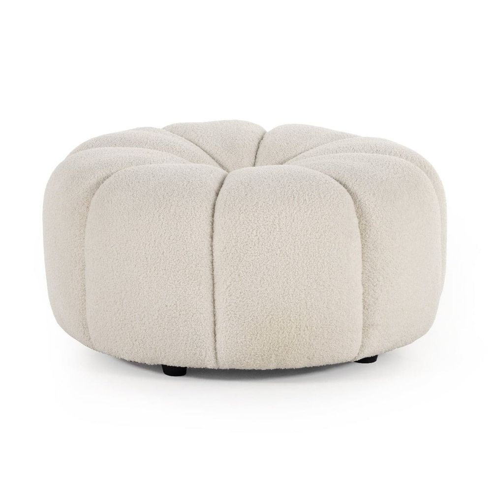 Onyx Ottoman, shown in cream and off-white with bouclé fabric, performance fabric, and low armless ottoman form.