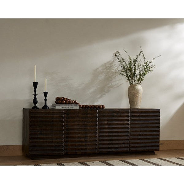 Additional view of Tussac Media Console in dark brown and espresso, featuring stained finish and four-door enclosed storage.