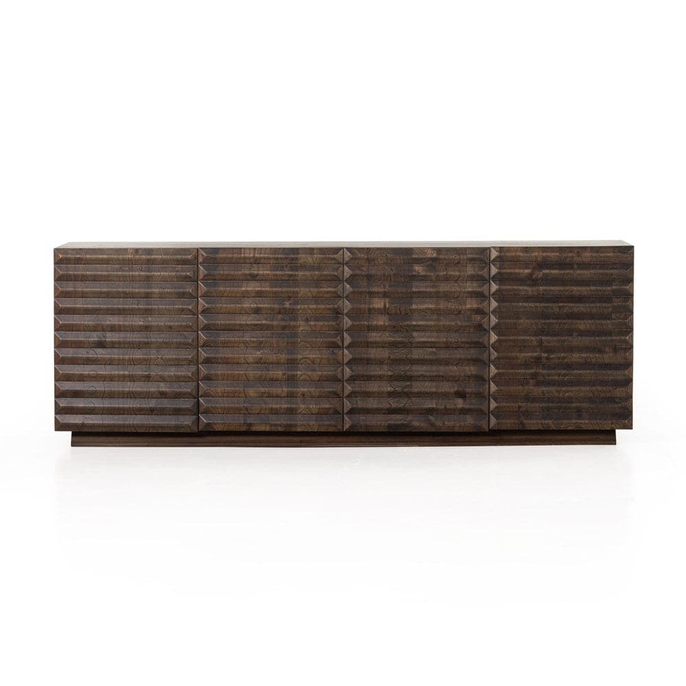 Tussac Media Console, shown in dark brown and espresso with wood and four-door enclosed storage.