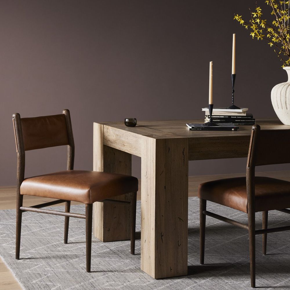 Additional view of Morena Dining Chair in cognac brown and dark walnut brown, featuring fixed frame.