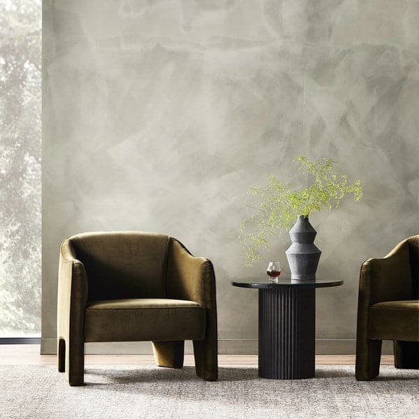Additional view of Raphael Chair in olive brown and moss green, featuring soft pile finish and fixed continuous arms.