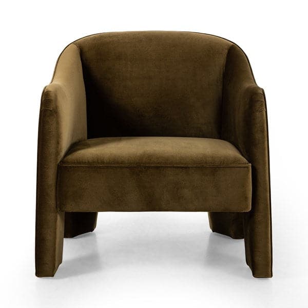 Raphael Chair, shown in olive brown and moss green with velvet, cotton, and fixed continuous arms.