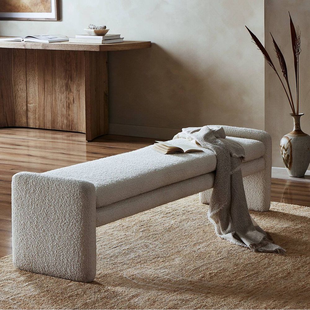 Additional view of Bram Accent Bench in cream and off-white, featuring soft matte finish and fixed low arm ends.