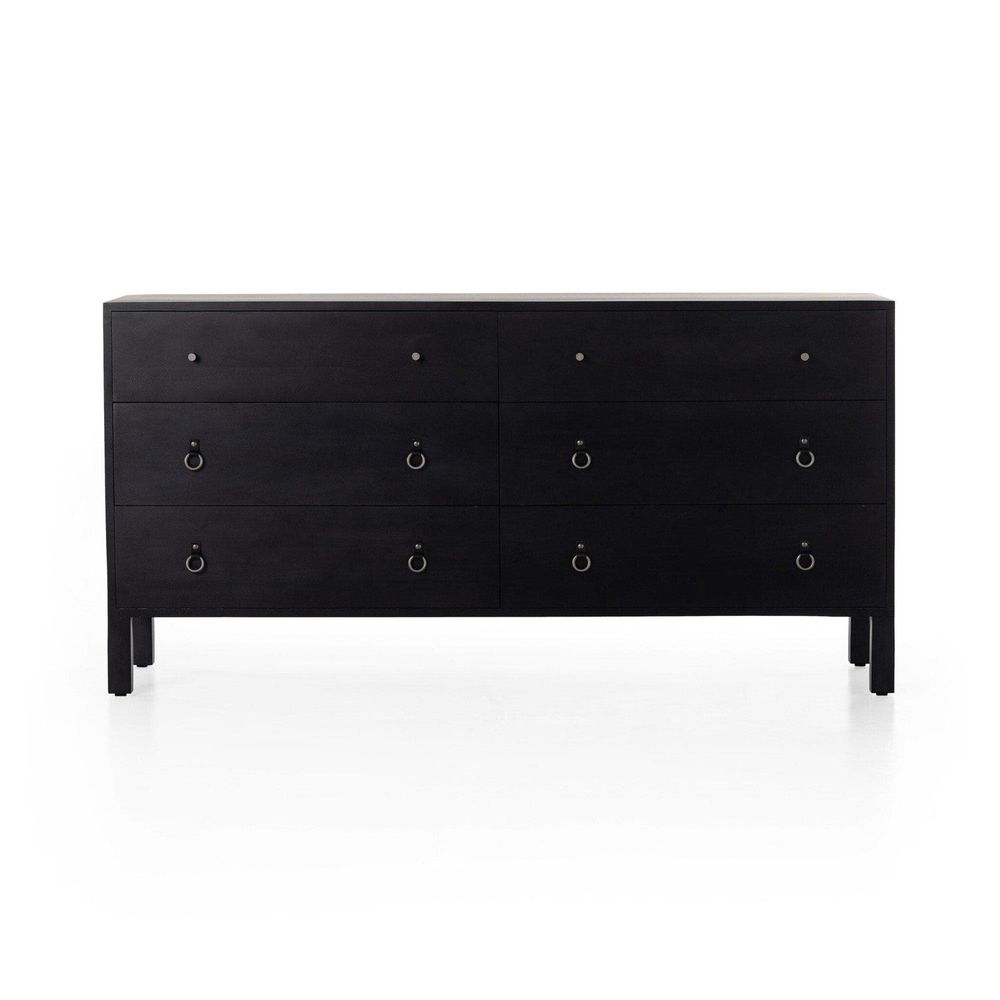 Isador 6 Drawer Dresser, shown in black with wood, poplar, and six drawers.