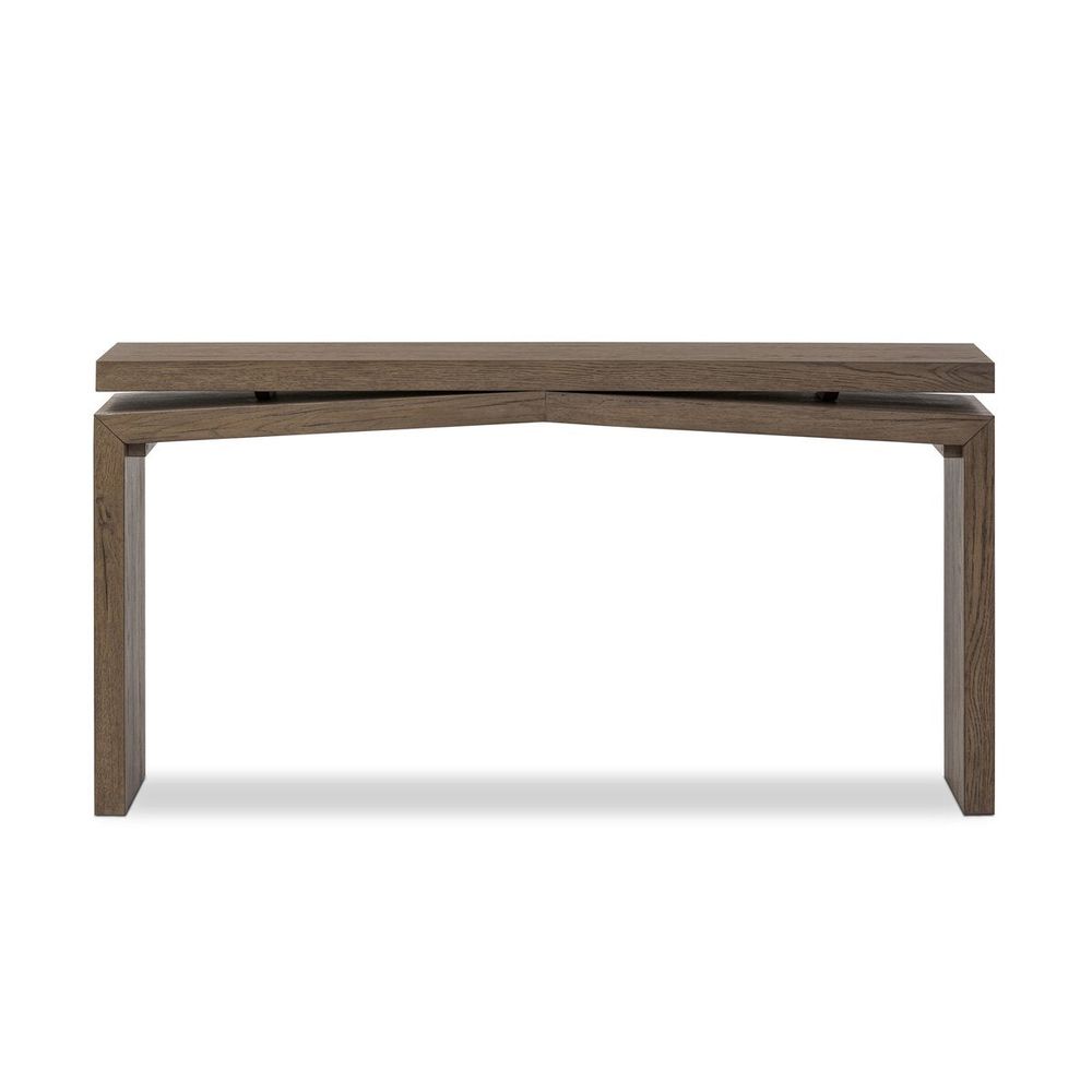 Matthes Console Table, shown in medium brown and warm taupe with wood, oak, and a open rectangular base frame.