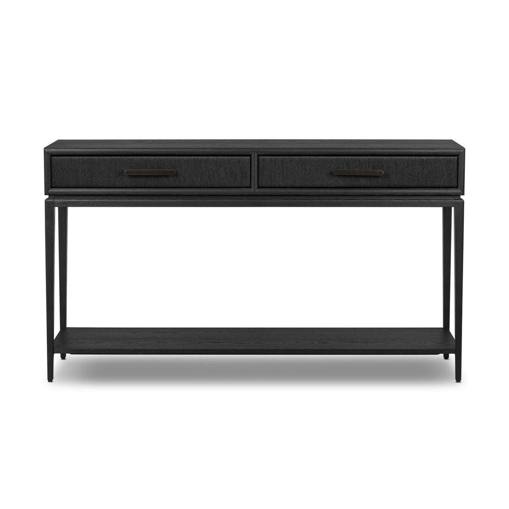 Rosenell Console Table, shown in charcoal black and dark espresso with solid oak and woven paper cord.