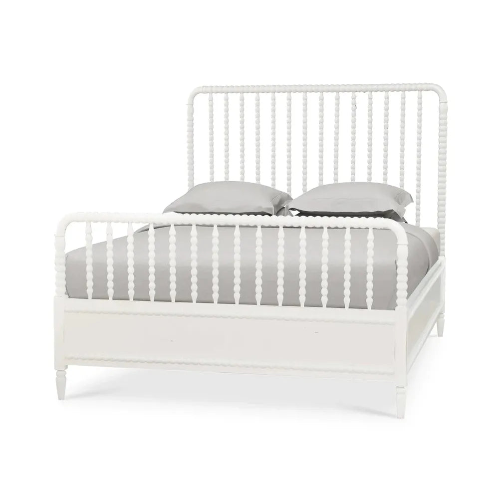 Additional view of Darcey Queen Sleepscape in white, featuring painted finish and fixed high spindle headboard.