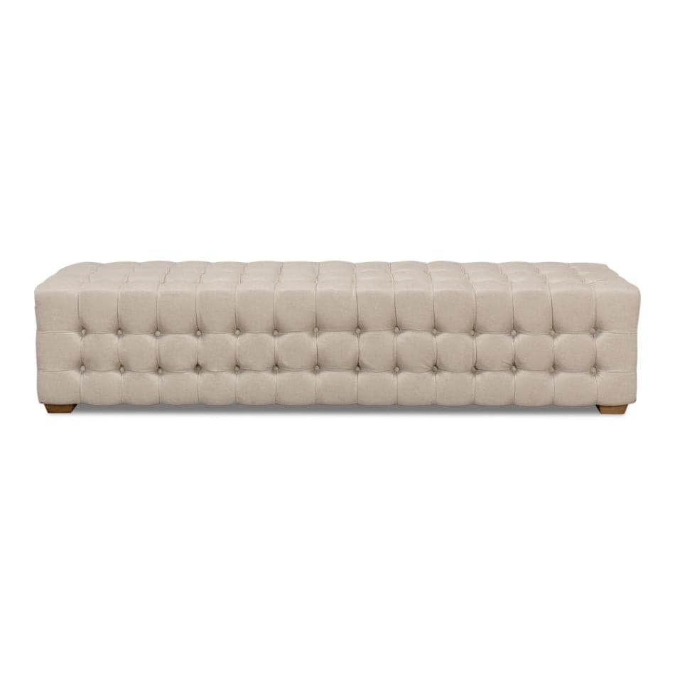 "Beam" Bench, shown in beige and oatmeal with fabric, wood, and deep button tufting.