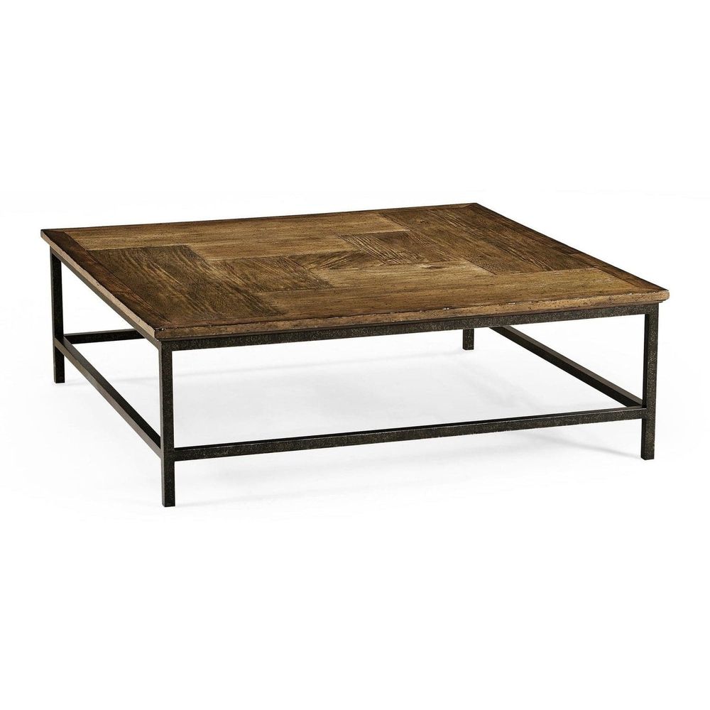 Square Coffee Table with Iron Base by Jonathan Charles, shown in medium brown and dark bronze with wood and iron.