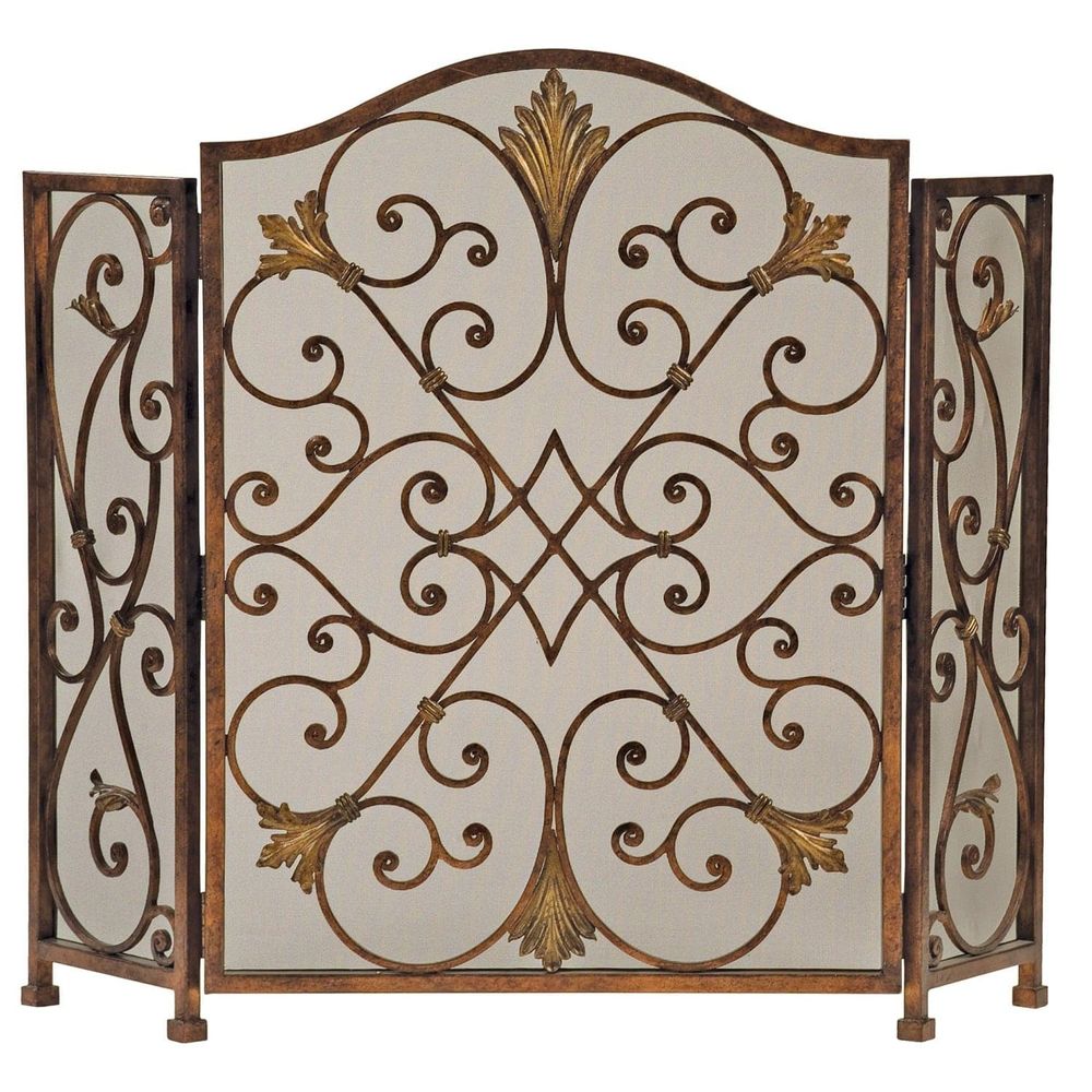 Rockefeller 3-Panel Fireplace Screen, shown in antique bronze and warm gold with wrought iron and metal mesh.