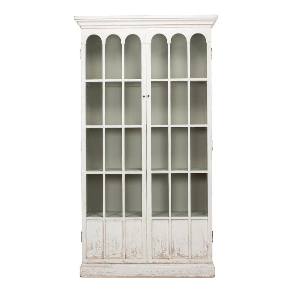 Glass Bookcase Whitewash, shown in white and off-white with wood, glass, and double glass-paneled doors.