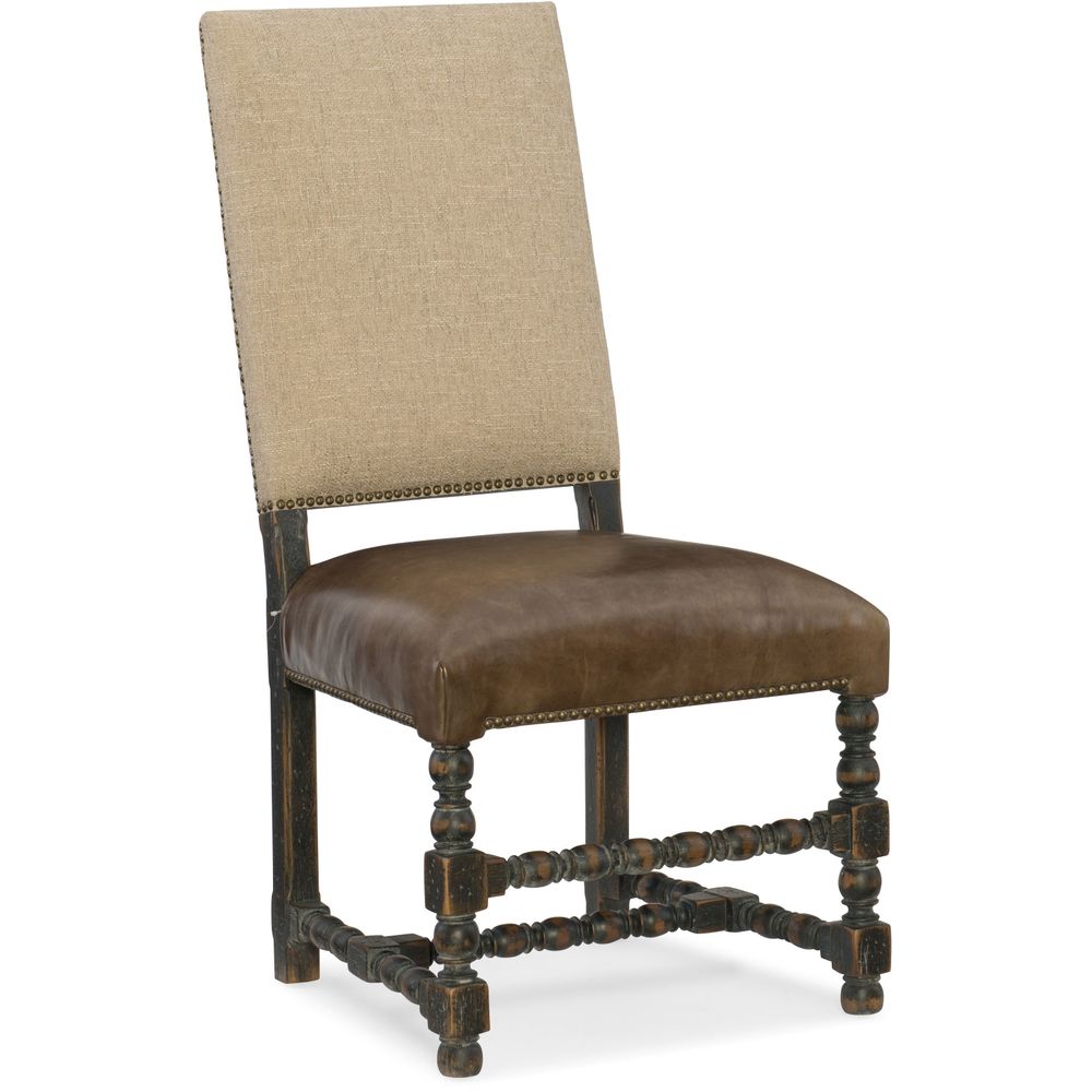 Alternate view of Comfort Upholstered Side Chair, featuring distressed, wood, fabric, and armless side chair.