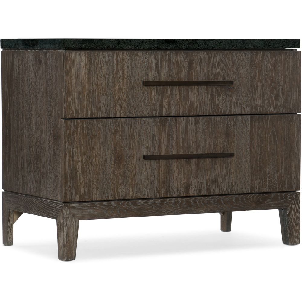 Miramar Aventura San Marcos Stone Top Nightstand, shown in dark brown and charcoal black with wood and stone.