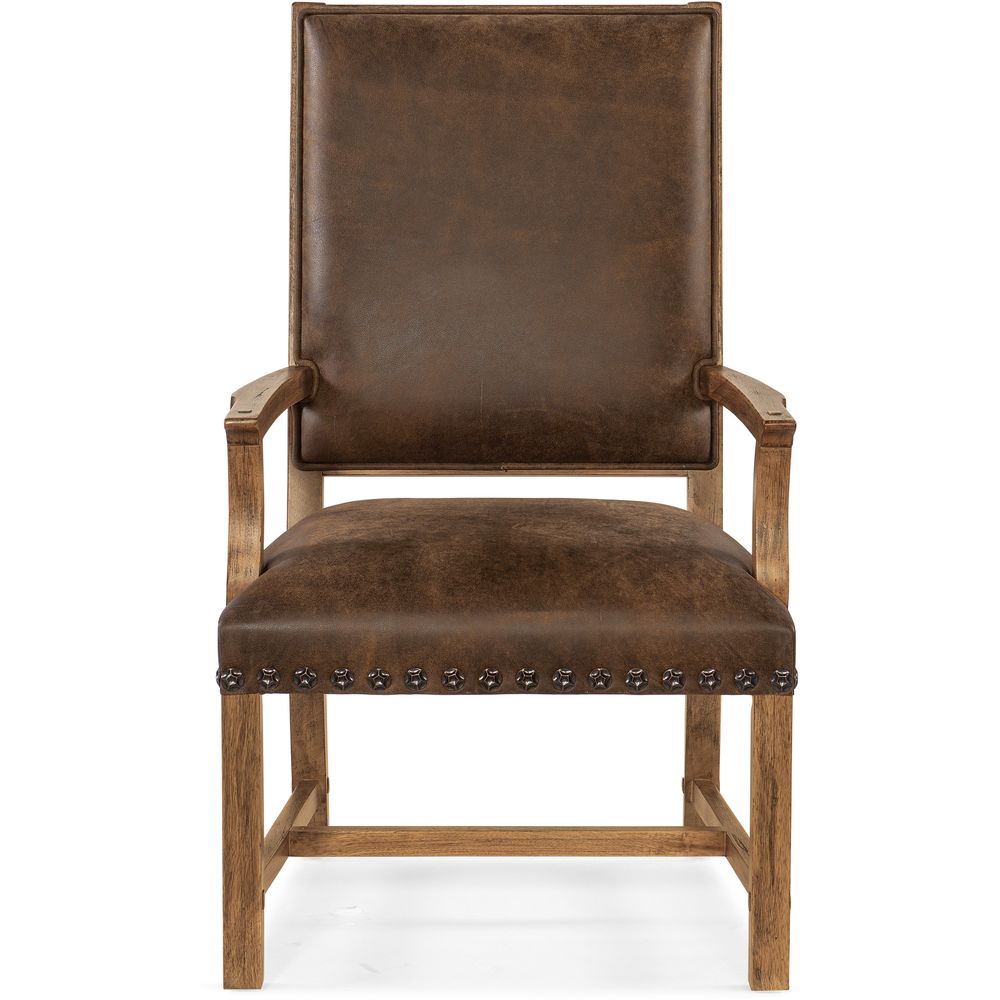Big Sky Host Chair, shown in brown and medium wood tone with leather, wood, and fixed arms.