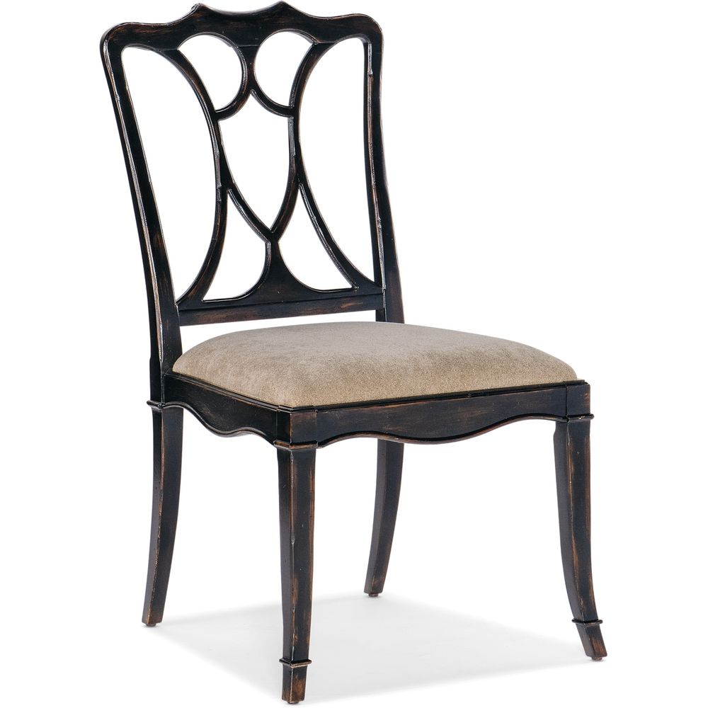 Charleston Upholstered Seat Side Chair-2 per carton/price ea, shown in black and beige with wood, fabric, and armless.