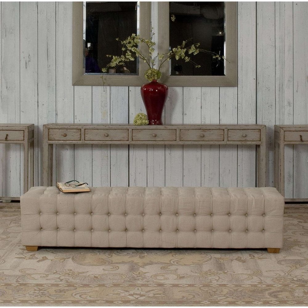Additional view of "Beam" Bench in beige and oatmeal, featuring upholstered and deep button tufting.