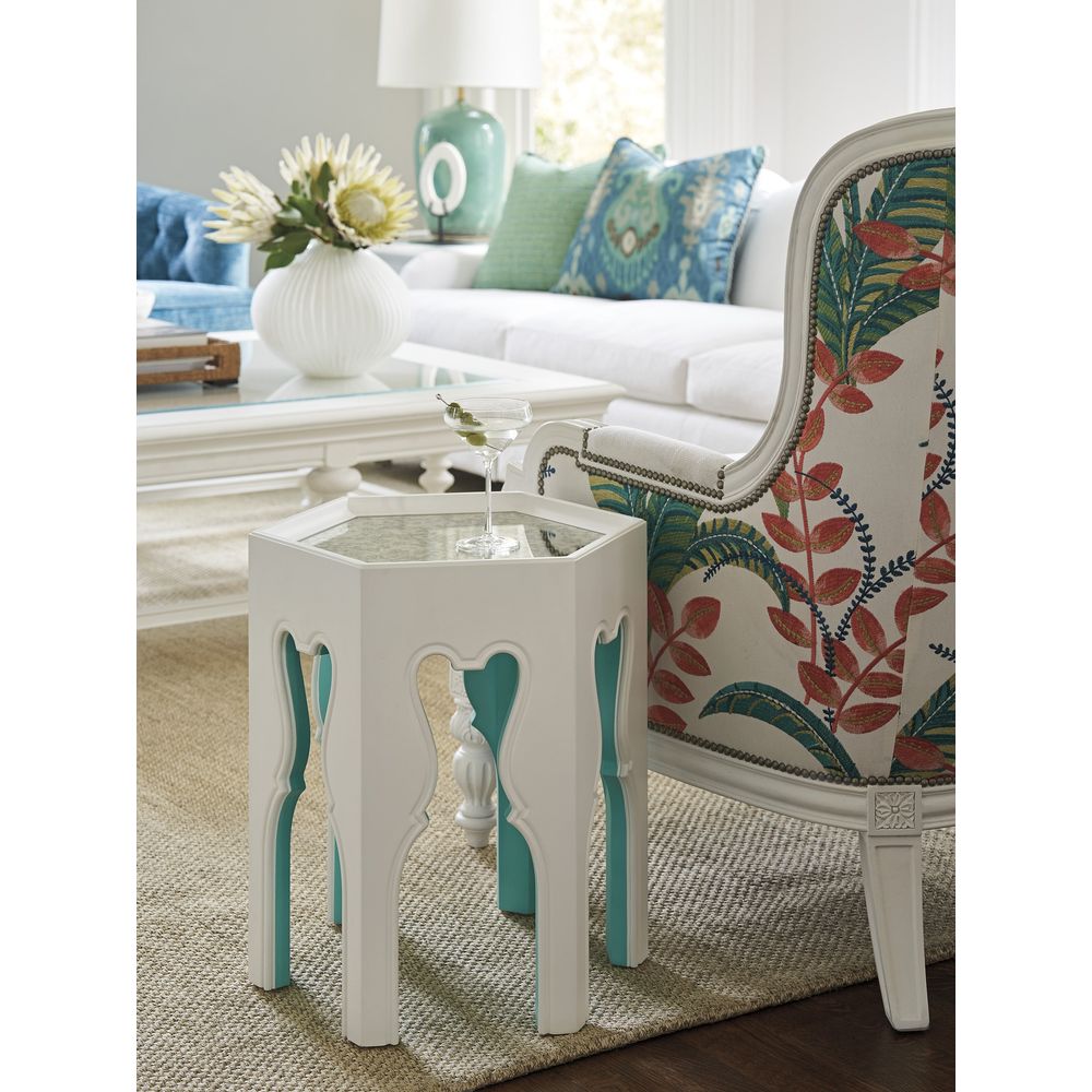 Side Tables Bilbao Hexagonal End Table With Teal Accents - Polo Mallet White
