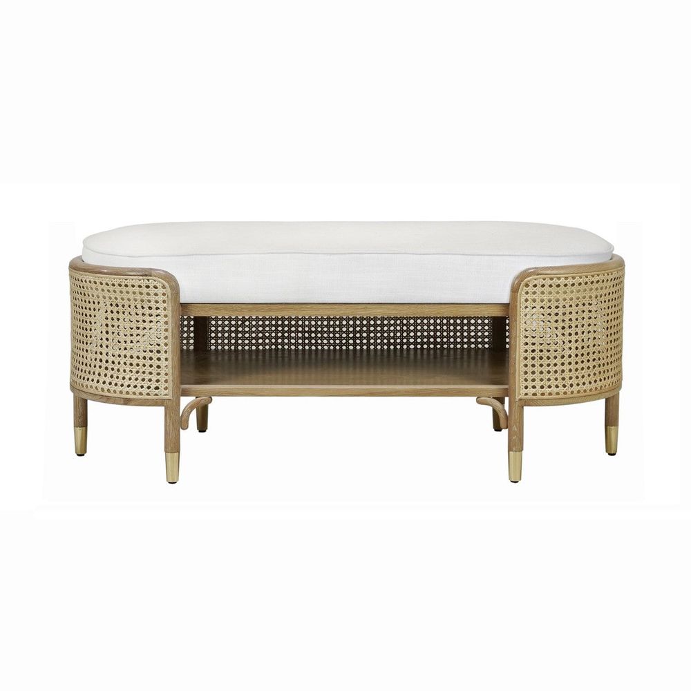 Benches Beale - Oval Bench In Cerused Oak And Natural Cane With White Linen Cushion