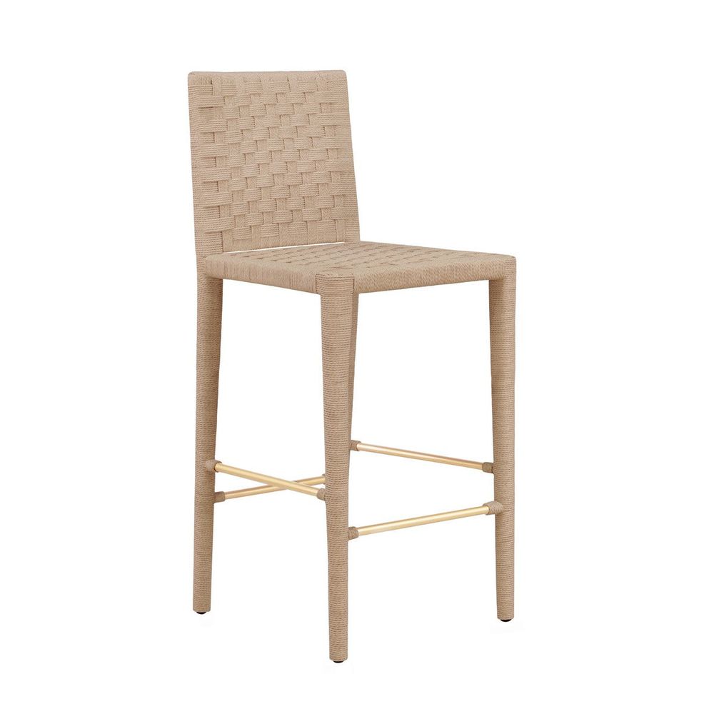 Bar & Counter Stools Burbank - Natural Rope Basketweave Pattern Bar Stool With Antique Brass Stretcher