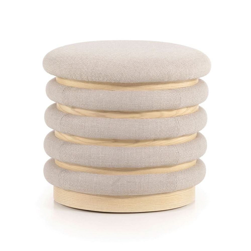Astra Ottoman, shown in taupe and beige with fabric, wood, and upholstered seat cushion.