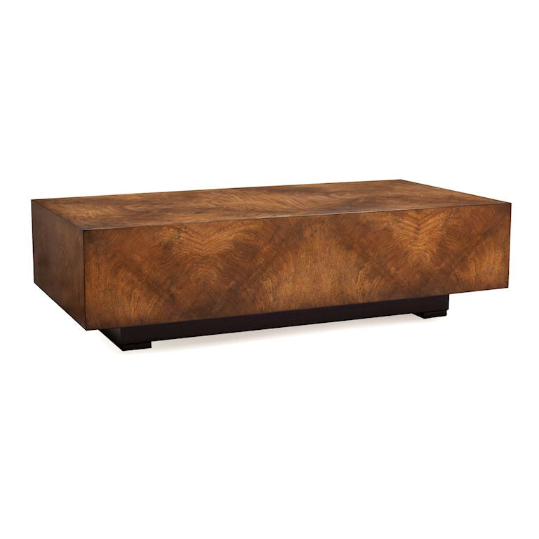 Cadence Rectangular Cocktail Table, shown in warm brown and amber brown with wood veneer and cerejeira veneer.