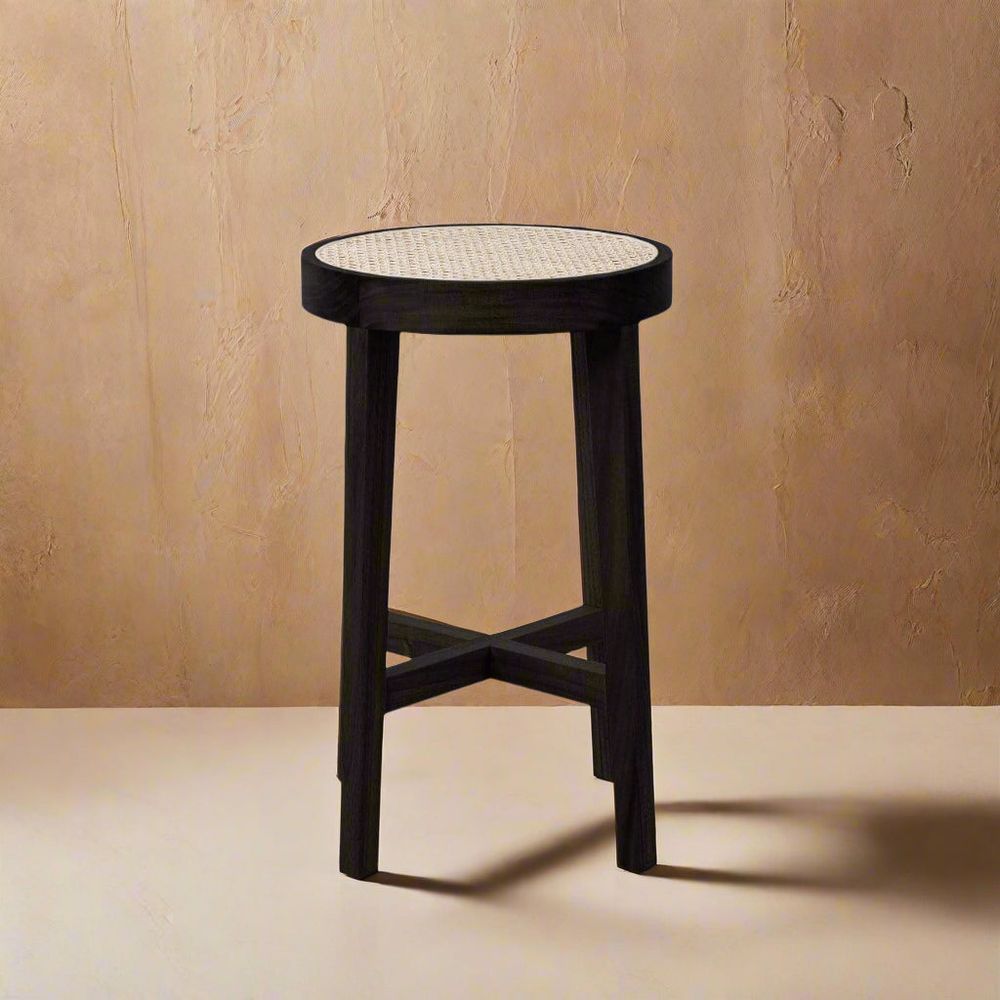 Jeanneret Round Counter Stool with Cane Seat-France & Son-FL1141BLKCNTR-Bar StoolsBlack-2-France and Son