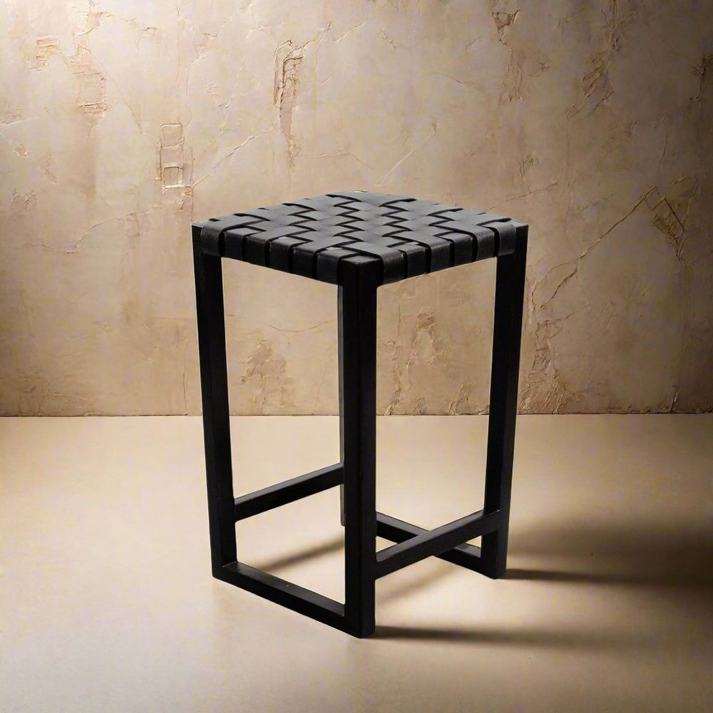 Cahyo Woven Leather Square Counter Stool-France & Son-FL1138BLK-Bar StoolsBlack-1-France and Son