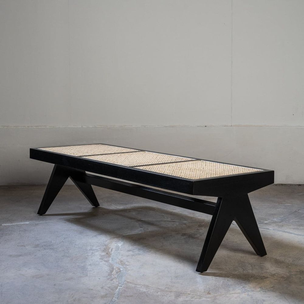 Jeanneret Bench Long with Hand Caned Seat-France & Son-FL1293BLK-BenchesBlack-3-France and Son