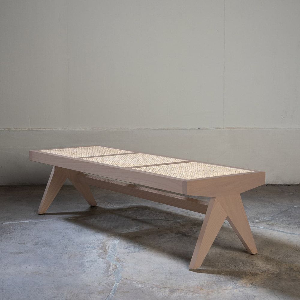Jeanneret Bench Long with Hand Caned Seat-France & Son-FL1293IVORY-BenchesIvory Wash-2-France and Son