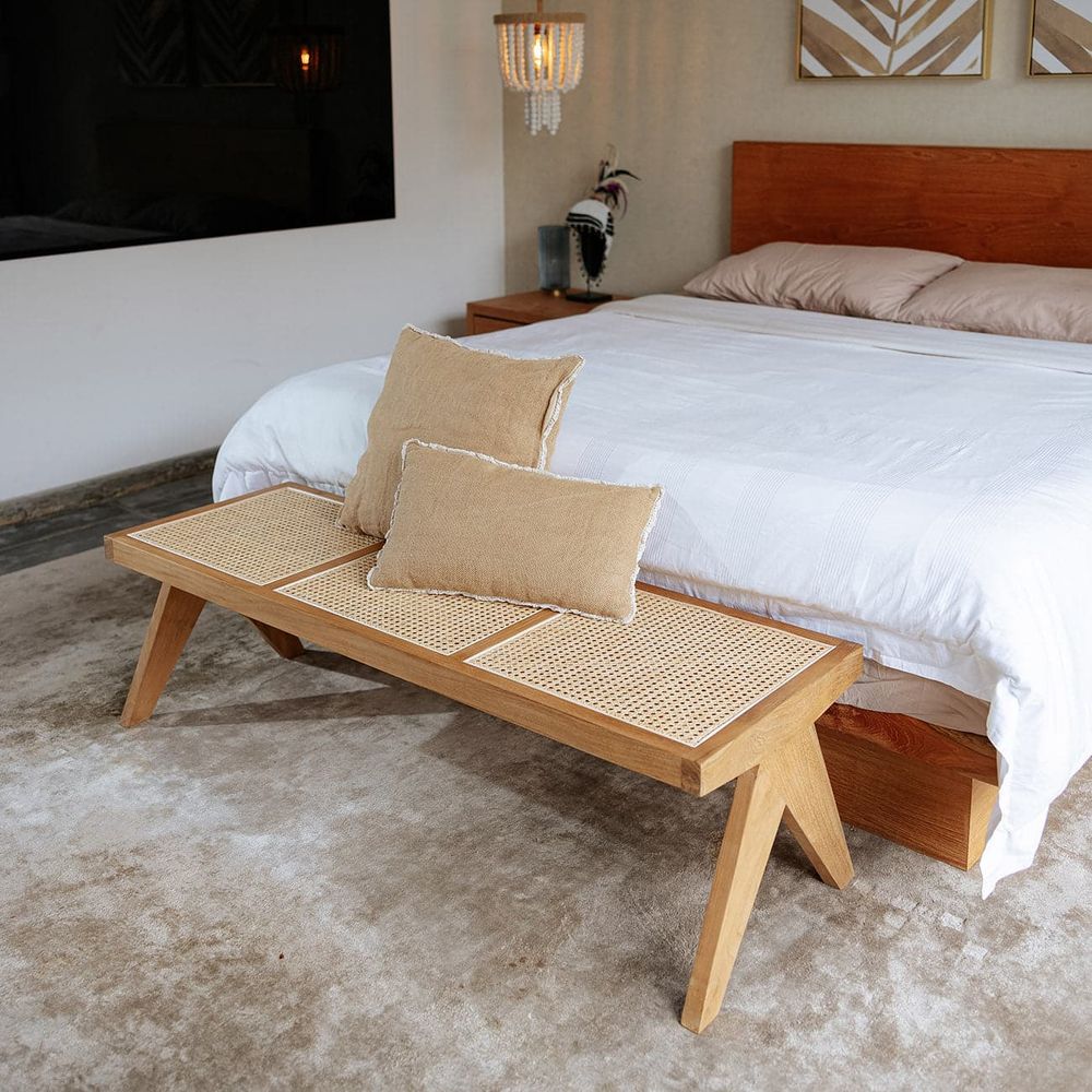Jeanneret Bench Long with Hand Caned Seat-France & Son-FL1293IVORY-BenchesIvory Wash-6-France and Son