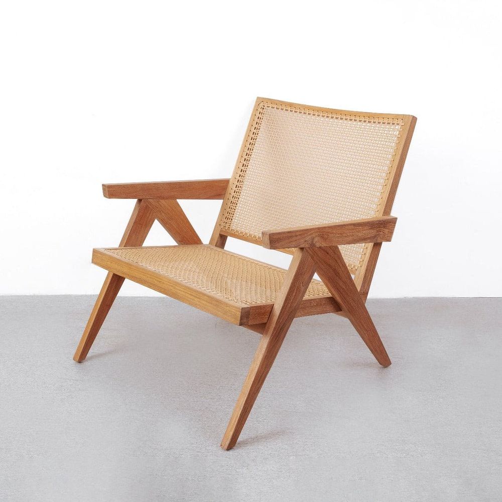 Additional view of Jeanneret Lounge Chair with Arms and Hand Caned Seat, featuring solid wood, cane rattan, and fixed arms.