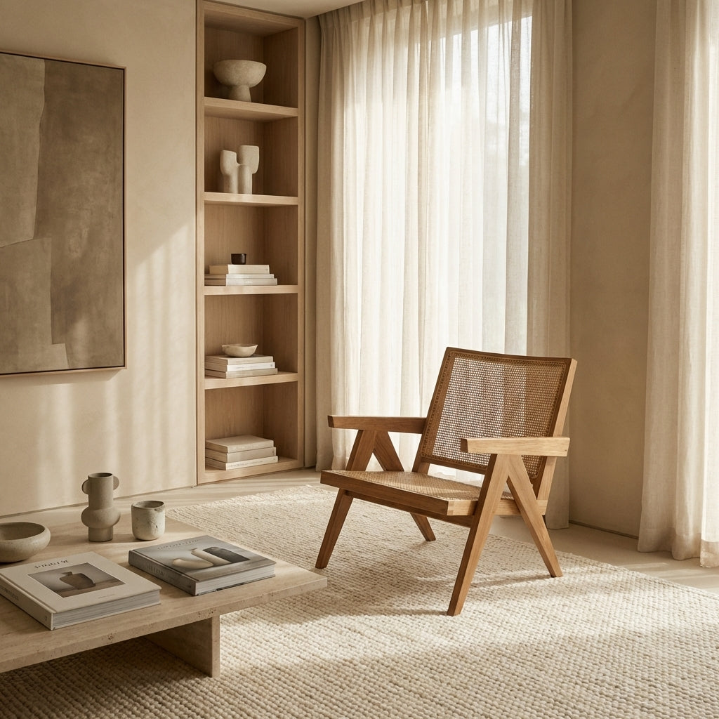 Alternate view of Jeanneret Lounge Chair with Arms and Hand Caned Seat, featuring solid wood, cane rattan, and fixed arms.