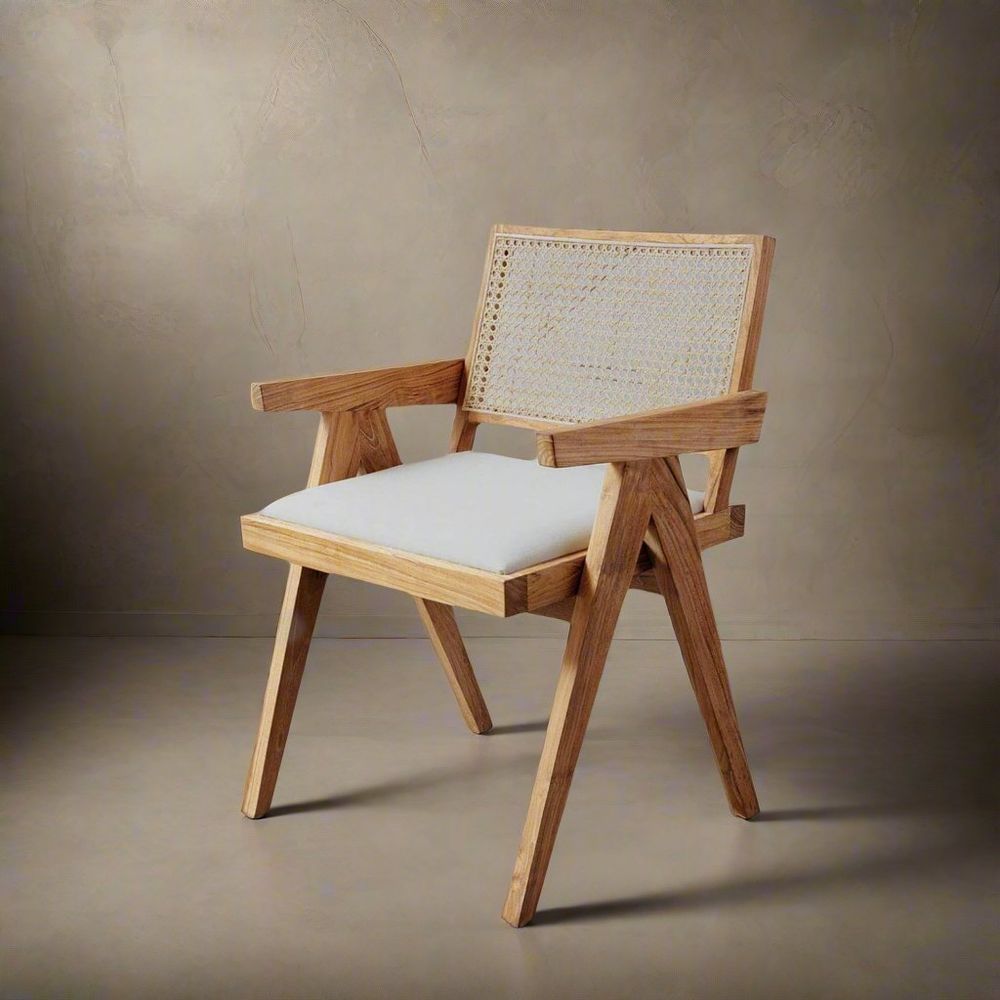 Pierre Jeanneret Dining Armchair with Seat Pad-France & Son-FL1336NTRL-Dining ChairsNatural Teak-Single-1-France and Son