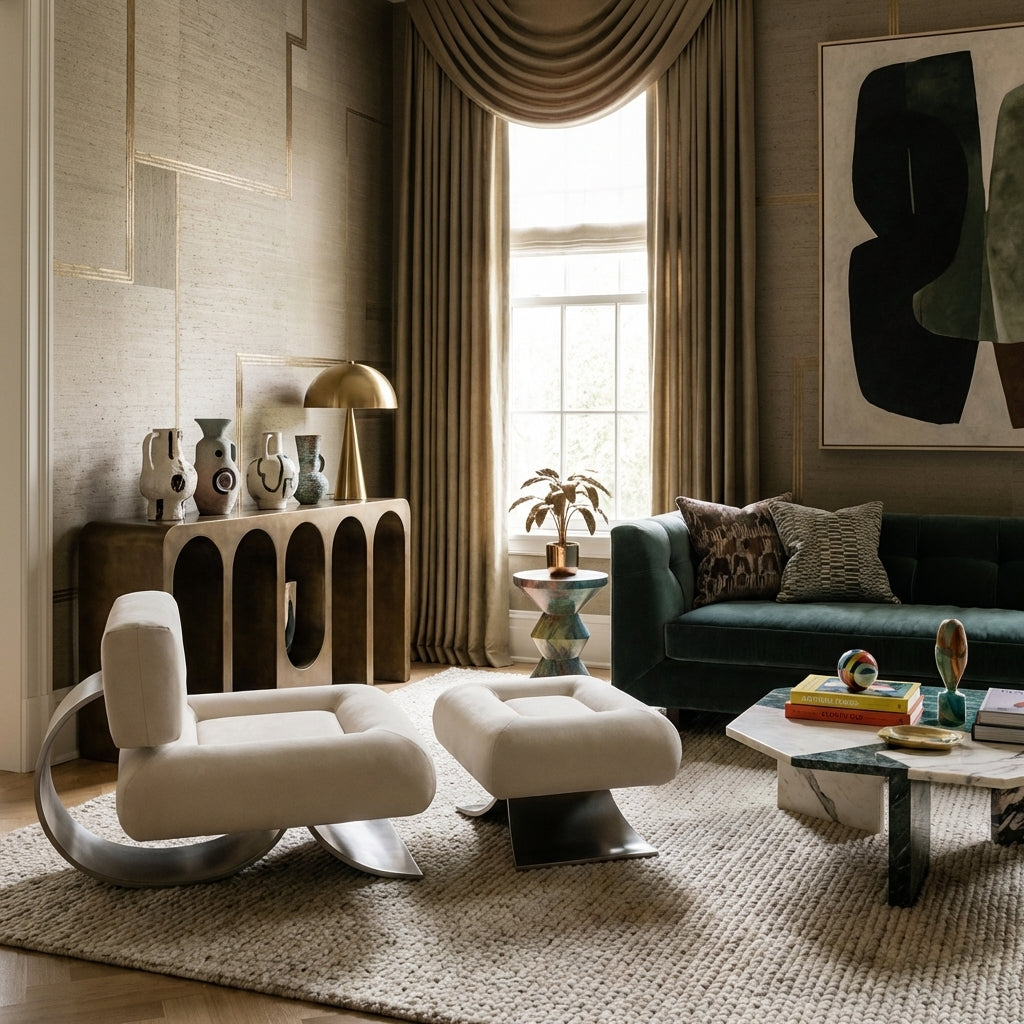 Alternate view of Niemeyer Lounge Chair and Ottoman, featuring upholstery fabric, metal, and matching ottoman.