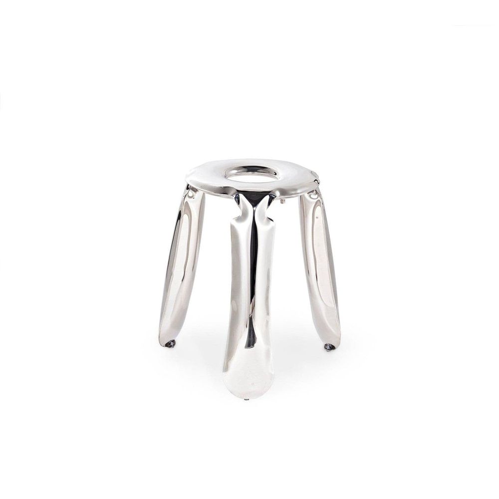 Stainless Balloon Stool, shown in silver and chrome with metal, stainless steel, and four fixed legs.