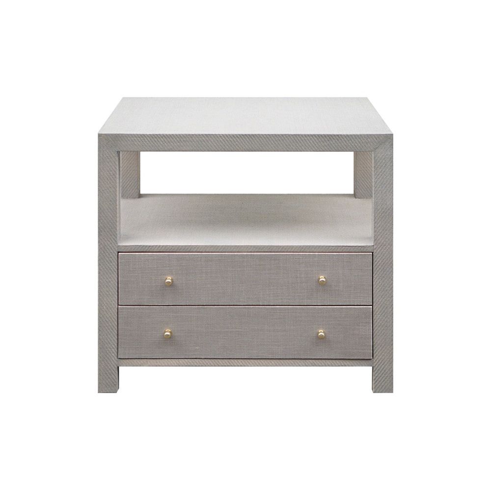Side Tables Hattie - Two Drawer Side Table In Grey Grasscloth With Grey Linen Drawers And Brass Hardware
