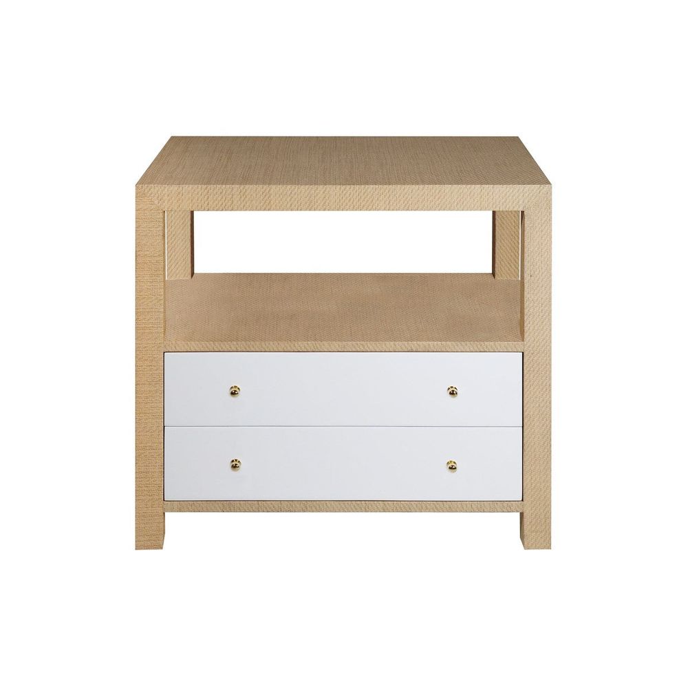 Hattie Two Drawer Side Table In Natural Grasscloth, shown in natural tan and white with grasscloth and wood.